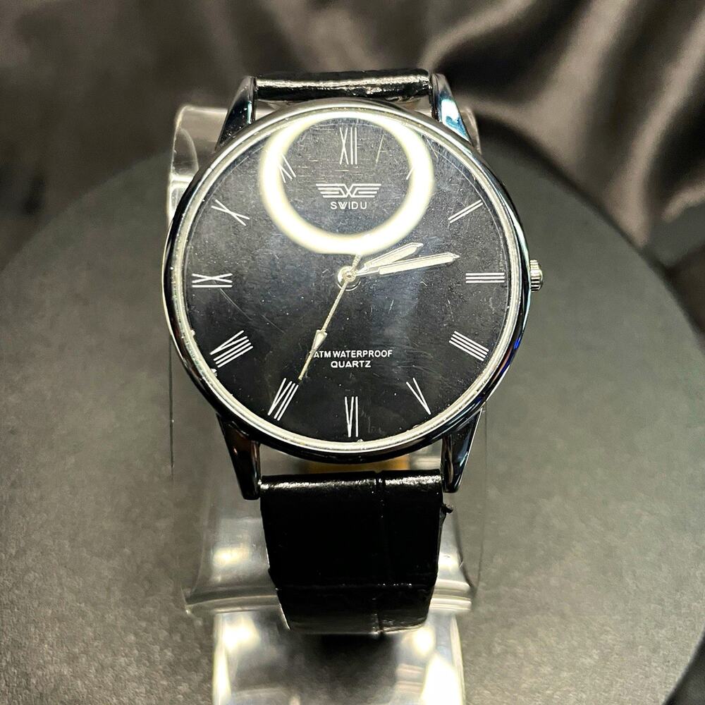 SVIDU Quartz Men's Watch 38mm Black Dial Roman Numerals Leather Strap